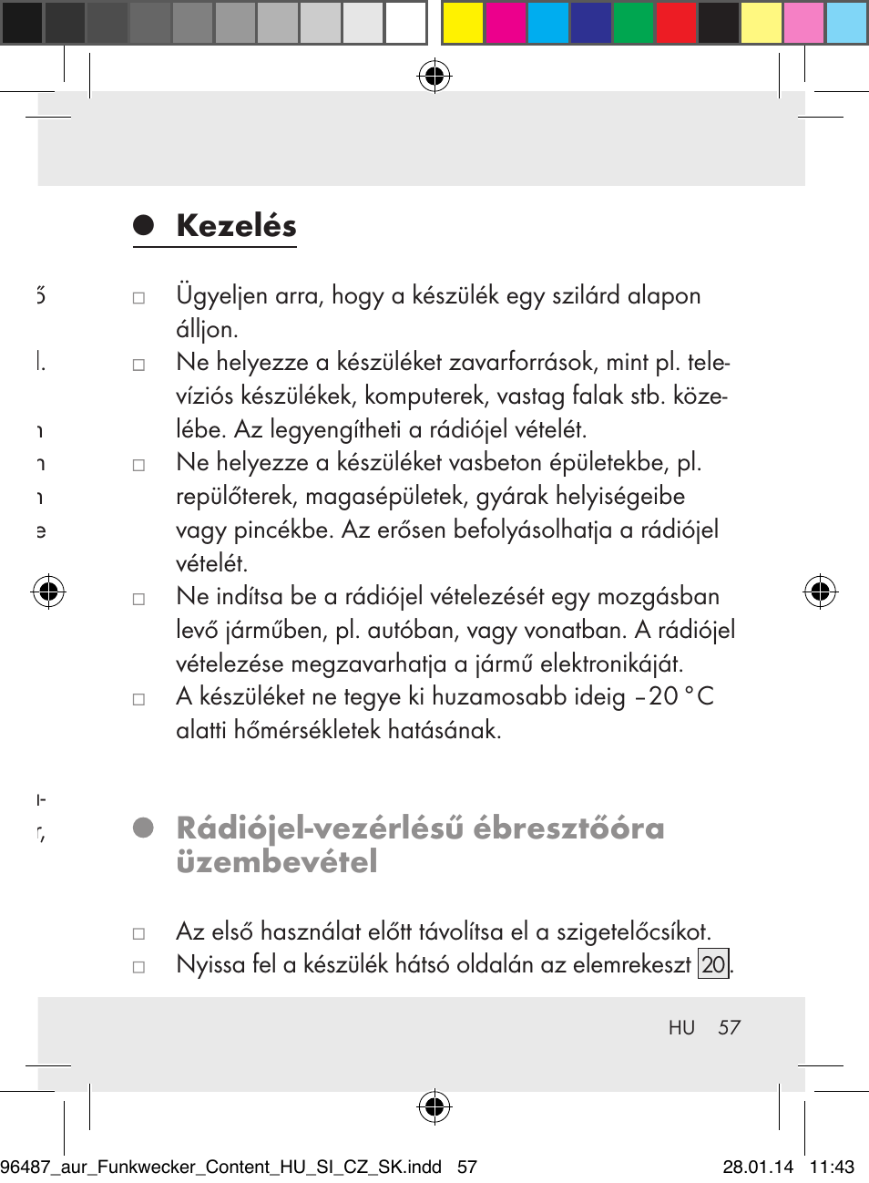 Kezelés, Rádiójel-vezérlésű ébresztőóra üzembevétel | Auriol Z31961 User Manual | Page 57 / 153