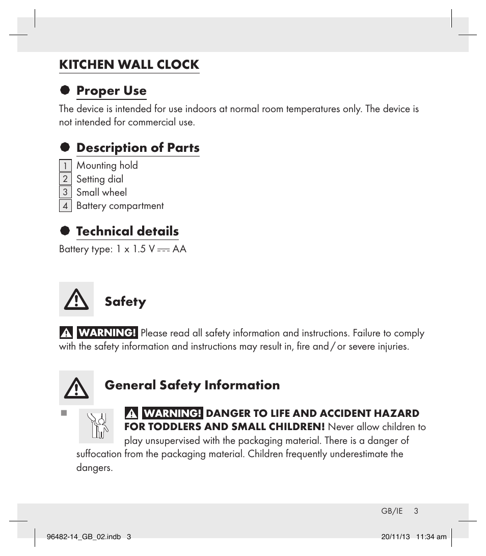 Kitchen wall clock § proper use, Description of parts, Technical details | Safety, General safety information | Auriol Z31957A_B User Manual | Page 3 / 7