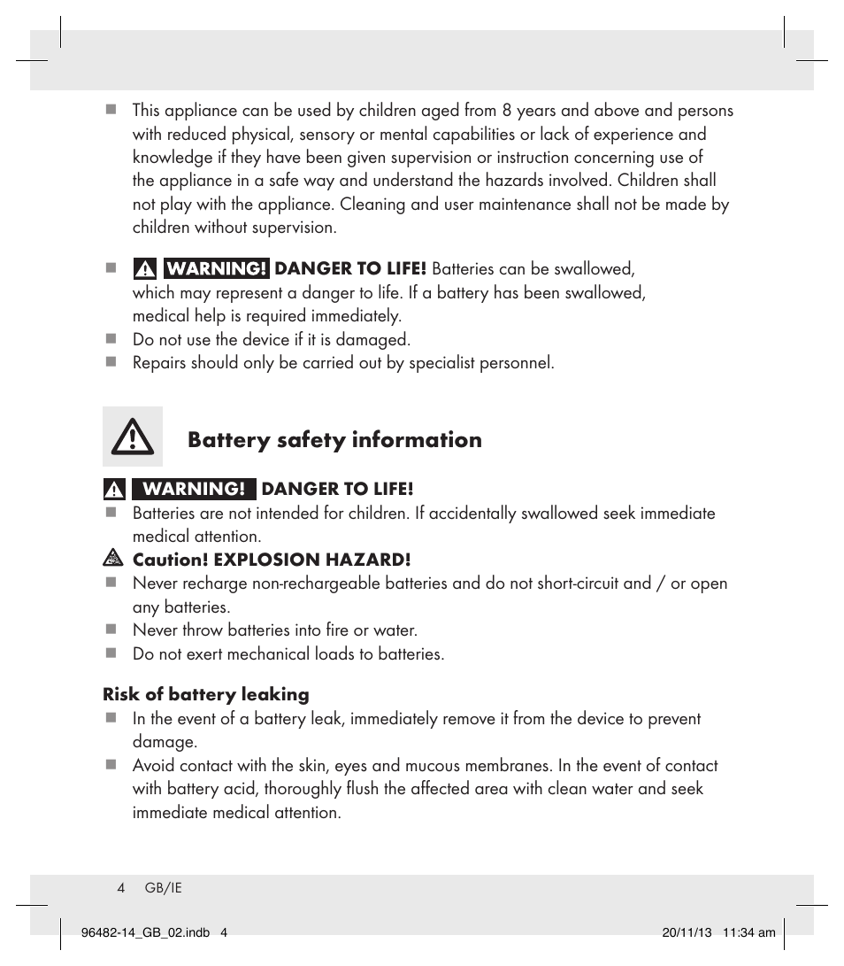 Battery safety information | Auriol Z31957A_B User Manual | Page 4 / 7