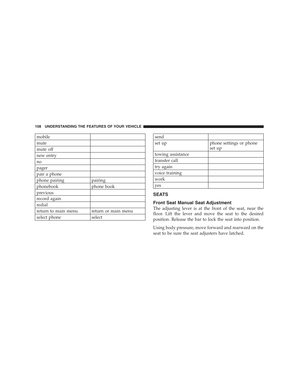 Seats, Front seat manual seat adjustment | Dodge 2007 HB Durango User Manual | Page 108 / 475