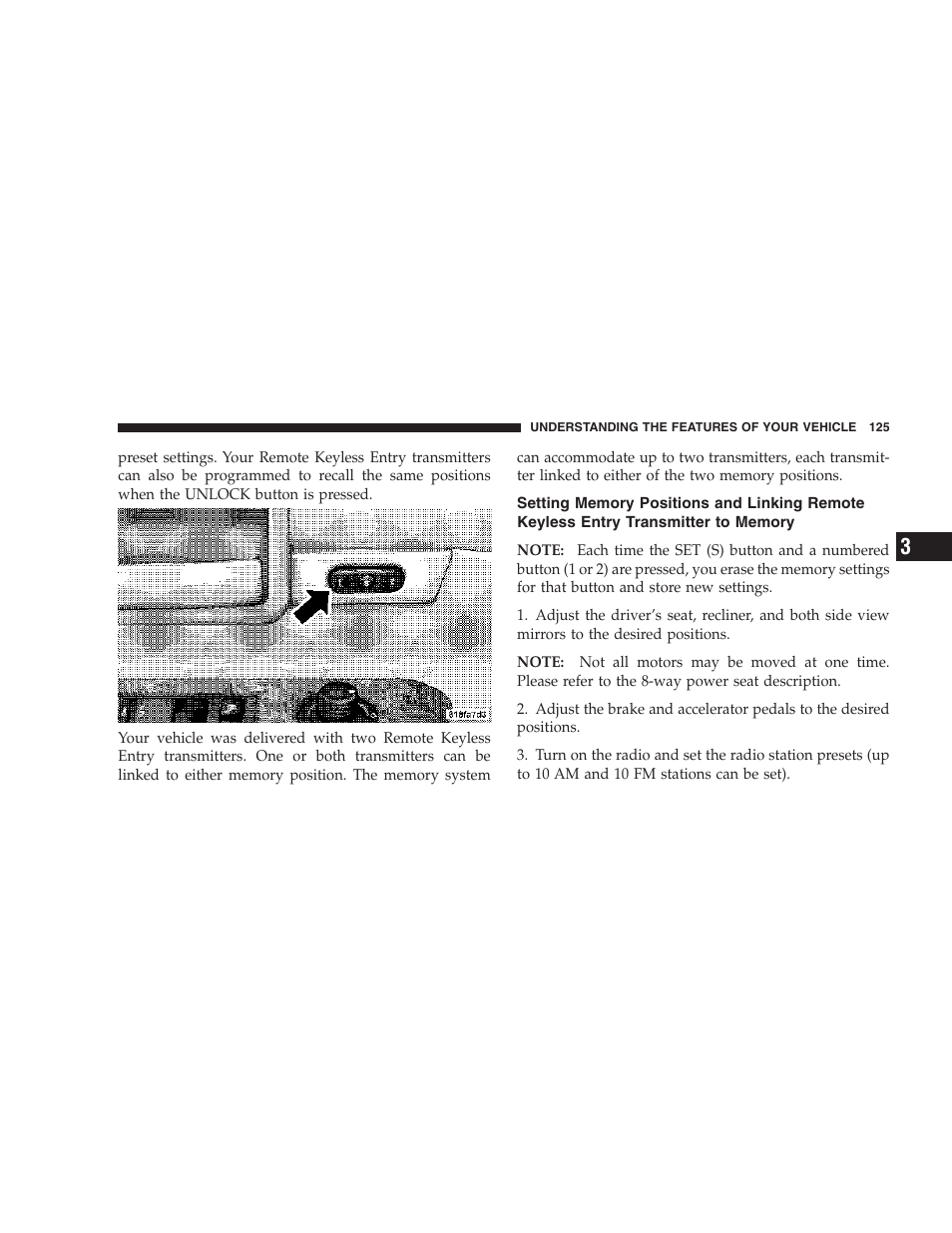 Setting memory positions and linking remote, Keyless entry transmitter to memory | Dodge 2007 HB Durango User Manual | Page 125 / 475