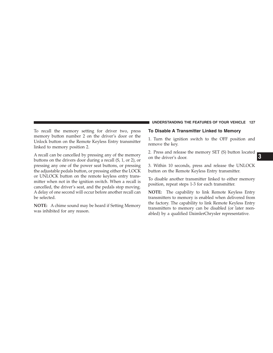 To disable a transmitter linked to memory | Dodge 2007 HB Durango User Manual | Page 127 / 475