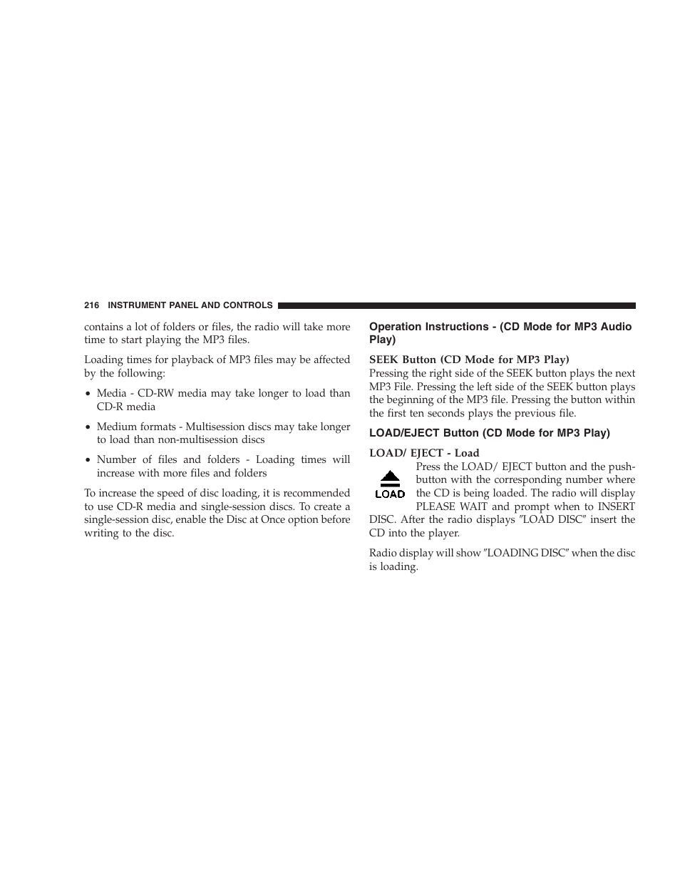 Operation instructions - (cd mode for mp3, Audio play), Load/eject button (cd mode for mp3 play) | Dodge 2007 HB Durango User Manual | Page 216 / 475