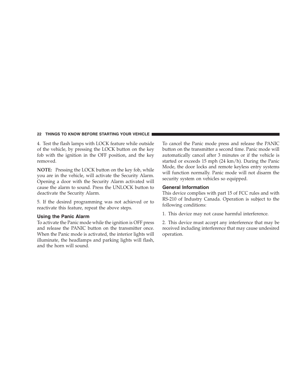 Using the panic alarm, General information | Dodge 2007 HB Durango User Manual | Page 22 / 475