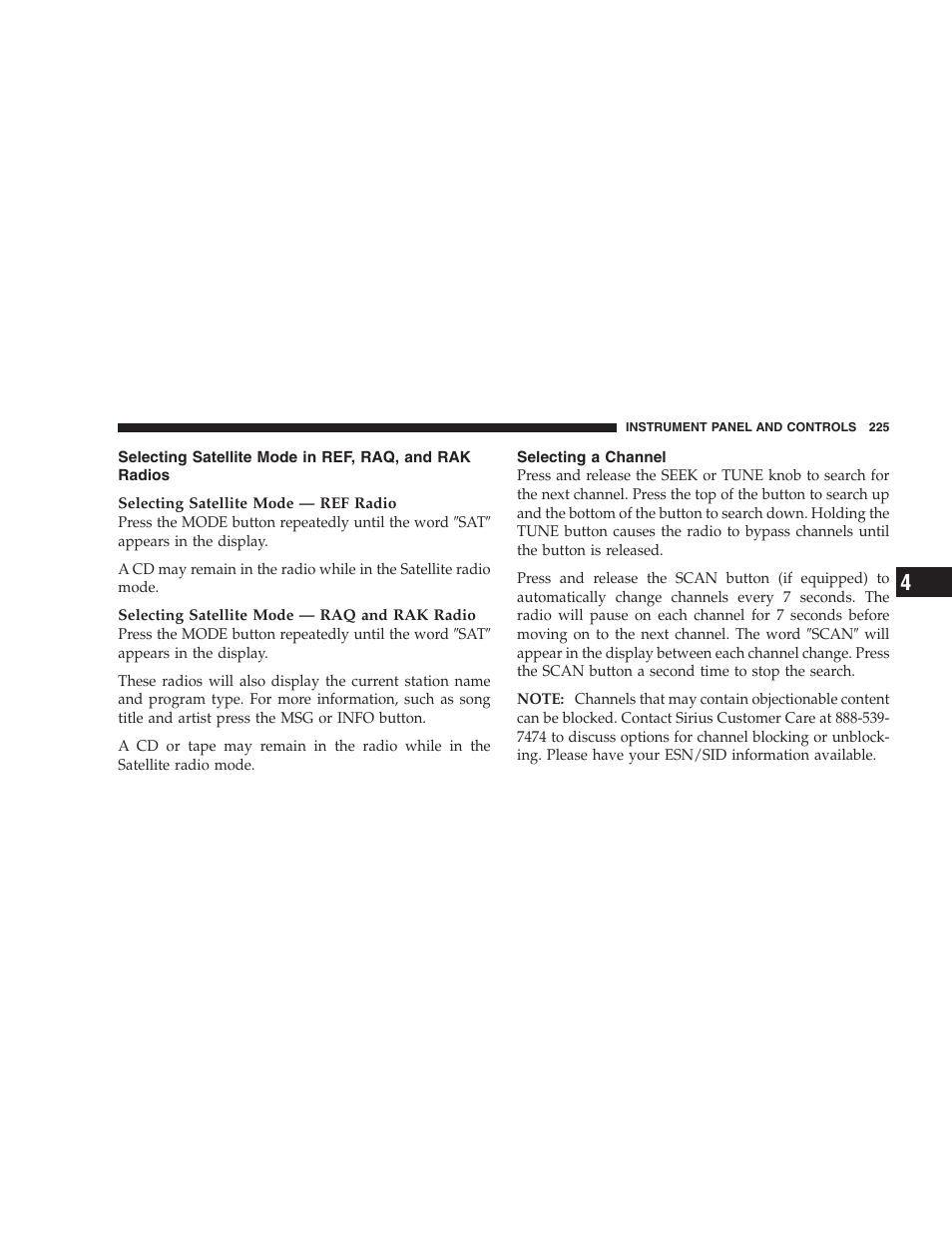 Selecting satellite mode in ref, raq, and, Rak radios, Selecting a channel | Dodge 2007 HB Durango User Manual | Page 225 / 475