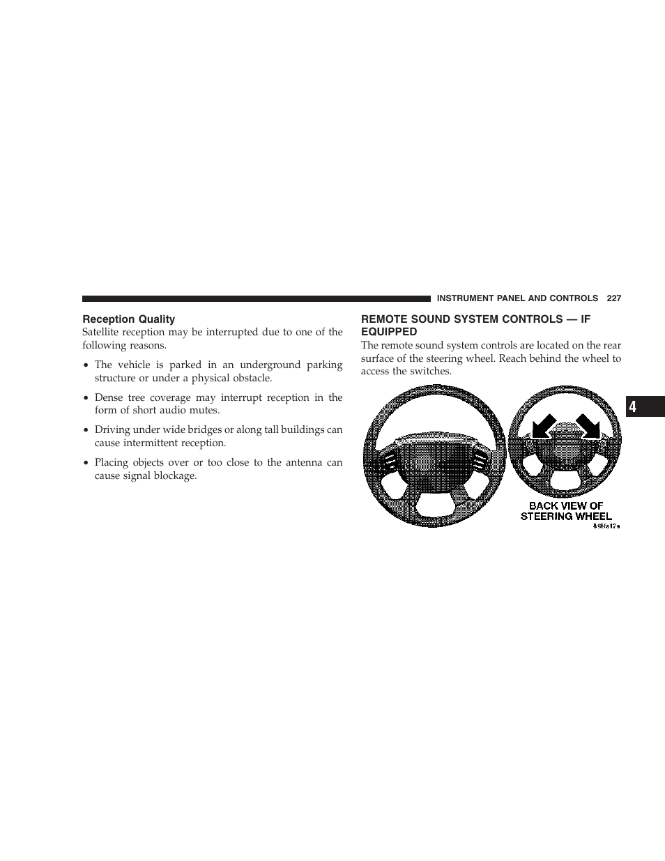 Reception quality, Remote sound system controls — if equipped | Dodge 2007 HB Durango User Manual | Page 227 / 475