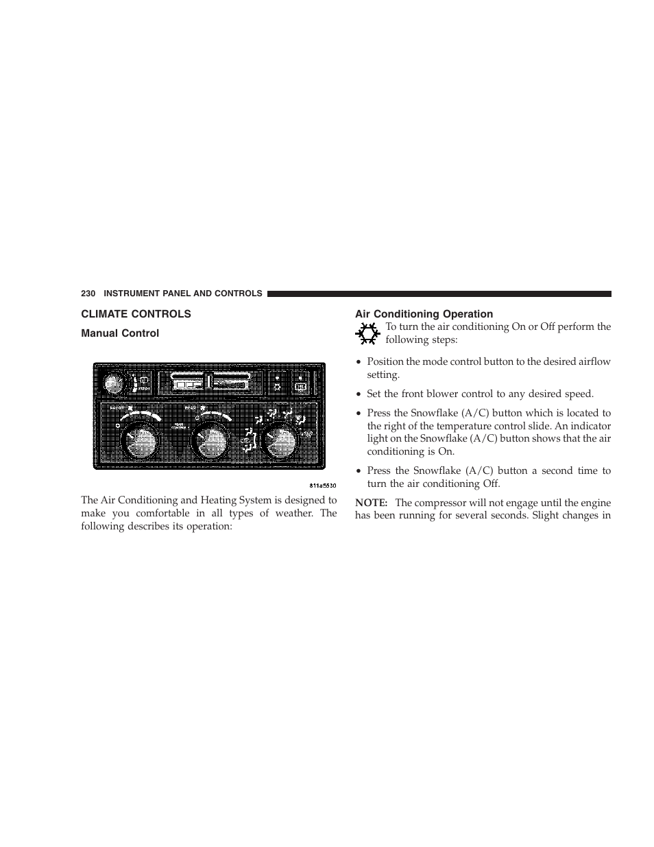 Climate controls, Manual control, Air conditioning operation | Dodge 2007 HB Durango User Manual | Page 230 / 475