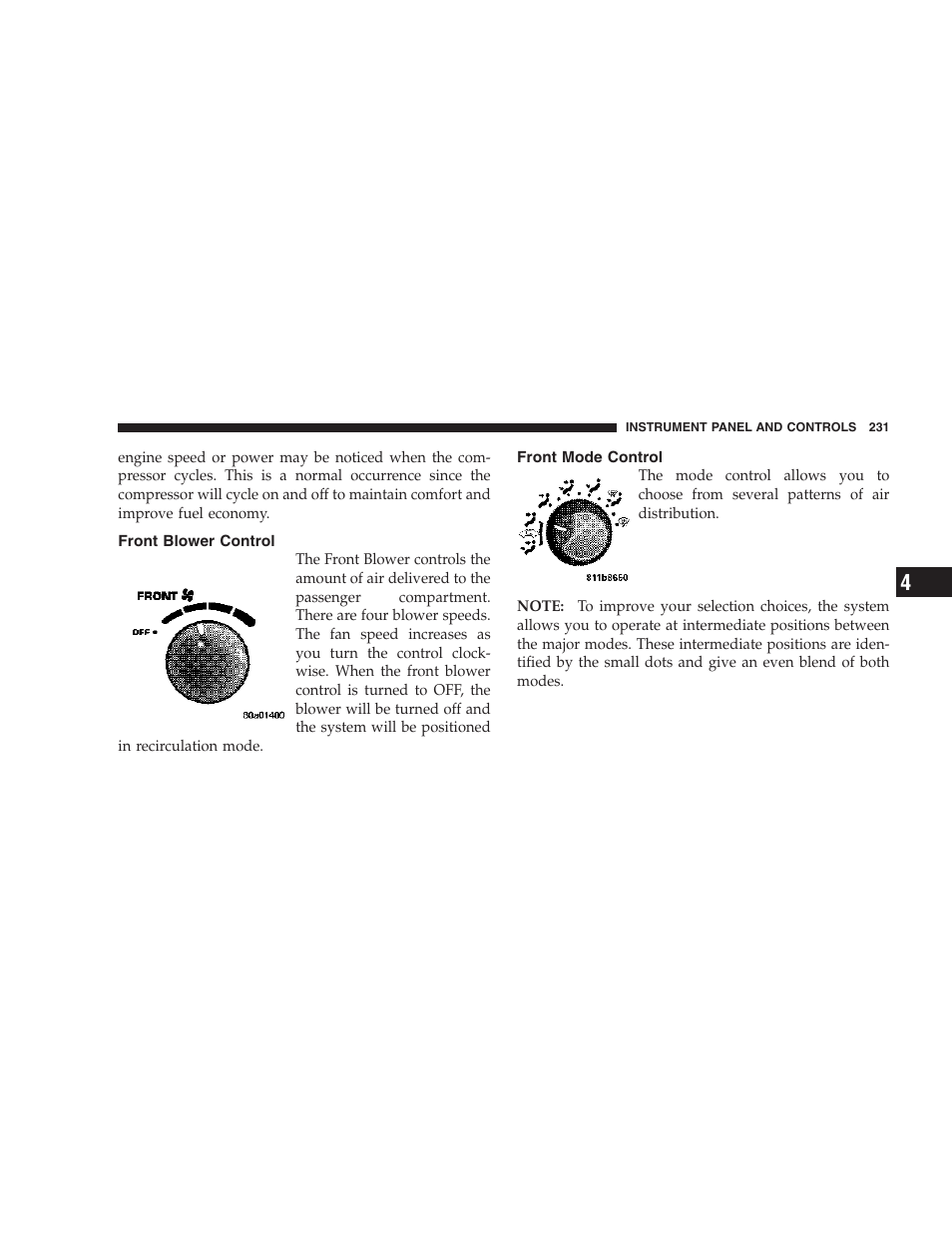 Front blower control, Front mode control | Dodge 2007 HB Durango User Manual | Page 231 / 475