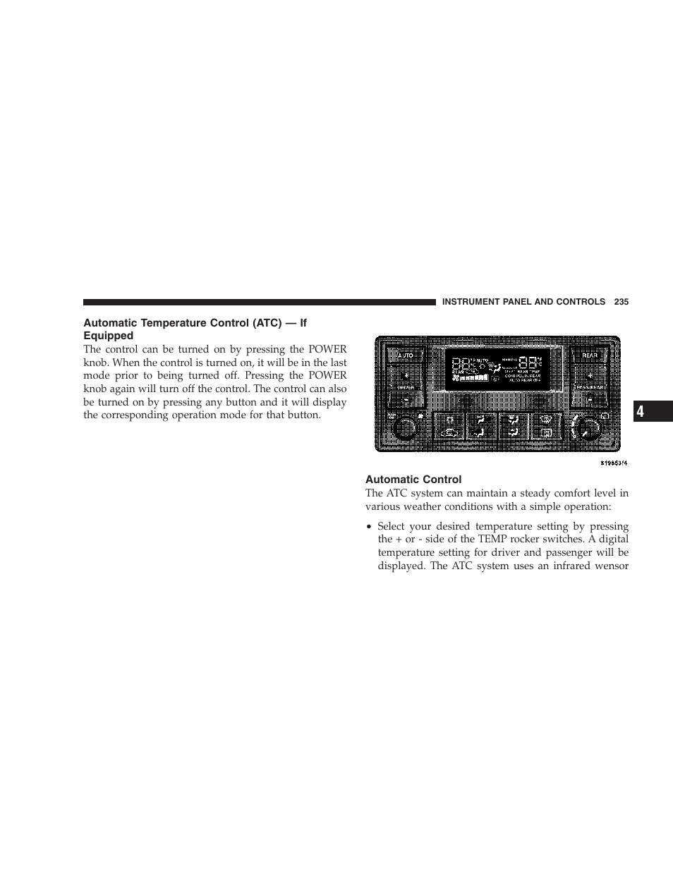 Automatic temperature control (atc) — if, Equipped, Automatic control | Dodge 2007 HB Durango User Manual | Page 235 / 475