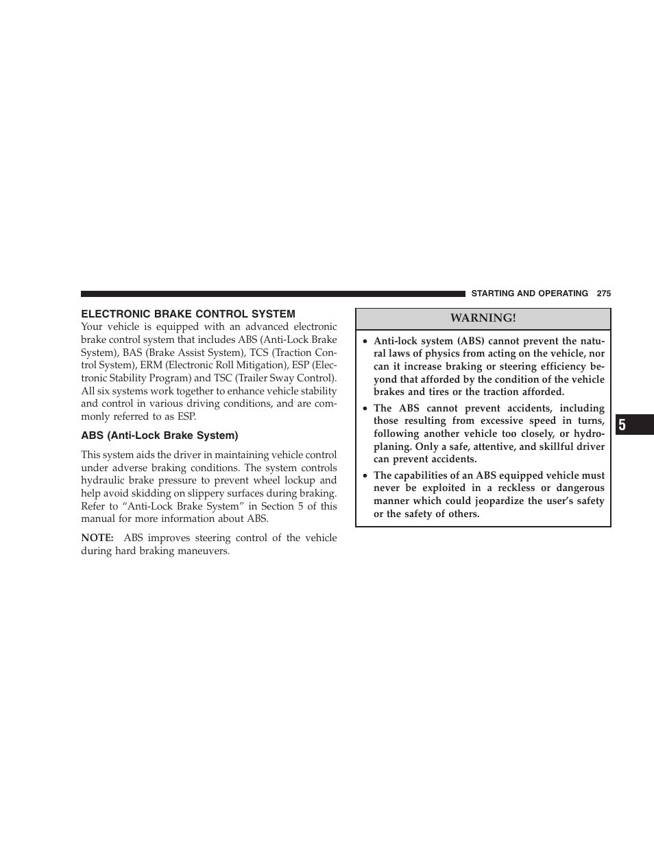 Electronic brake control system, Abs (anti-lock brake system) | Dodge 2007 HB Durango User Manual | Page 275 / 475