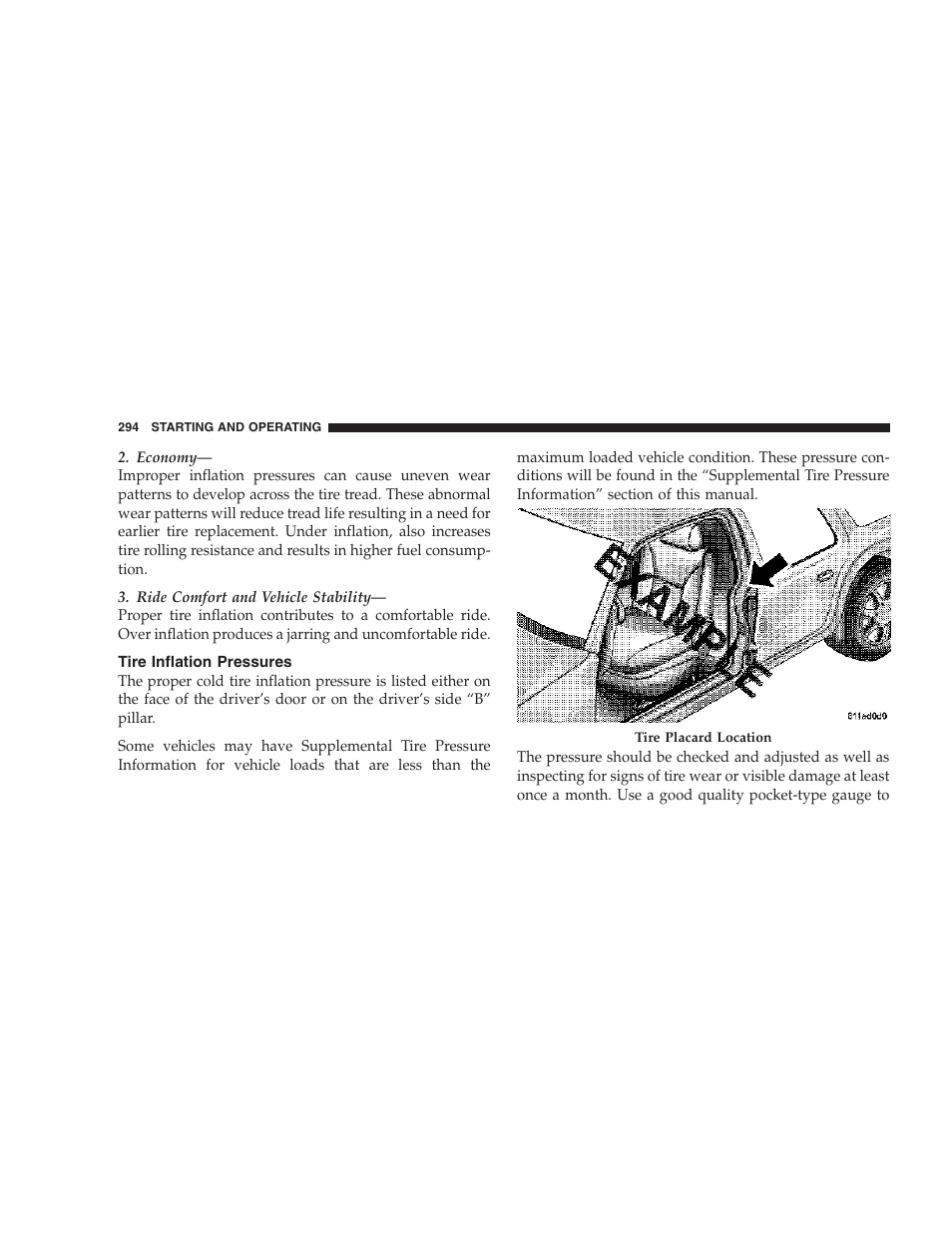 Tire inflation pressures | Dodge 2007 HB Durango User Manual | Page 294 / 475