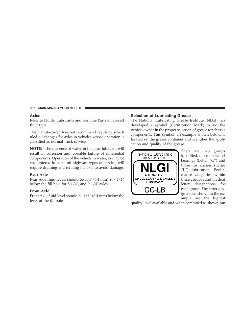 Axles, Selection of lubricating grease | Dodge 2007 HB Durango User Manual | Page 392 / 475