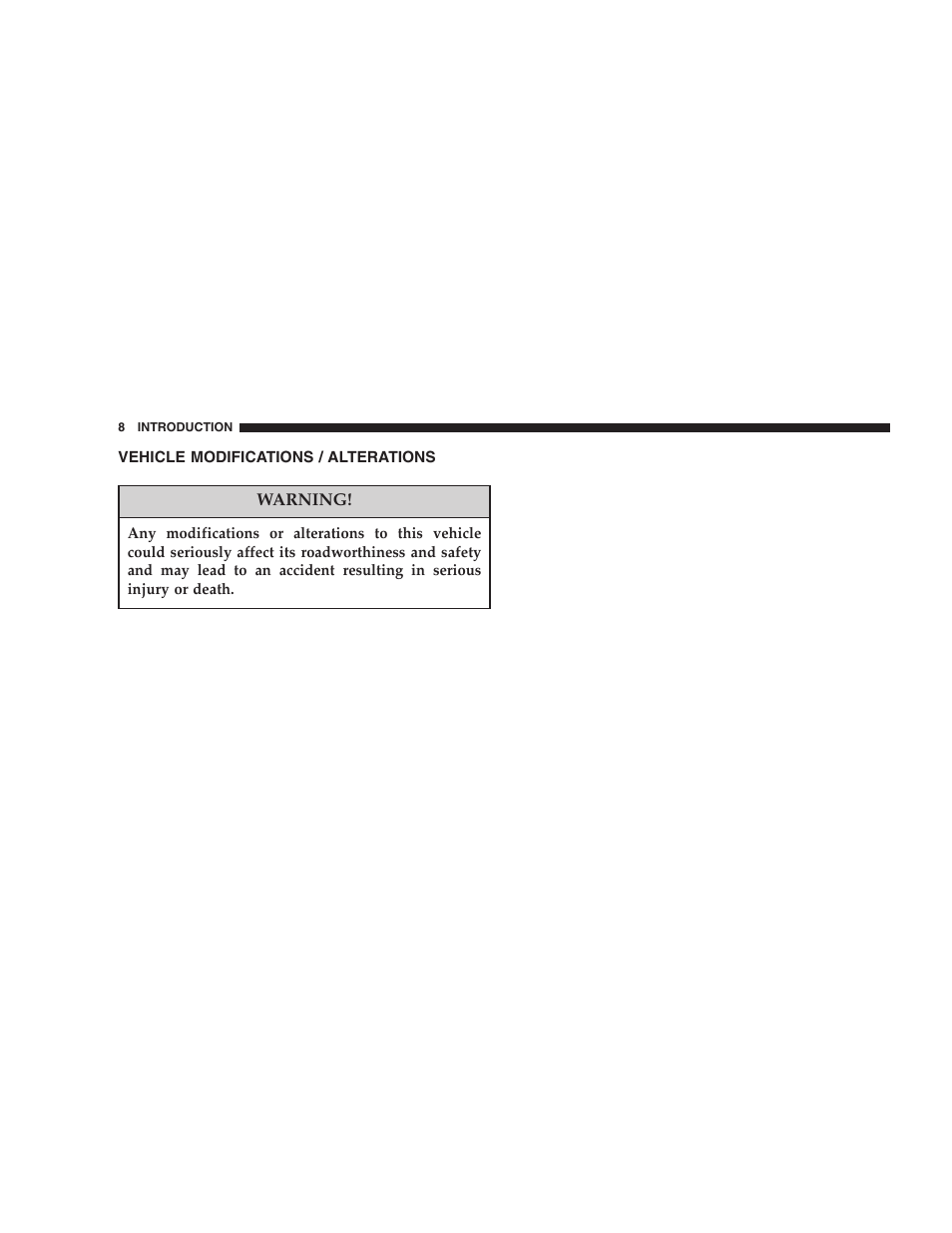 Vehicle modifications / alterations | Dodge 2007 HB Durango User Manual | Page 8 / 475