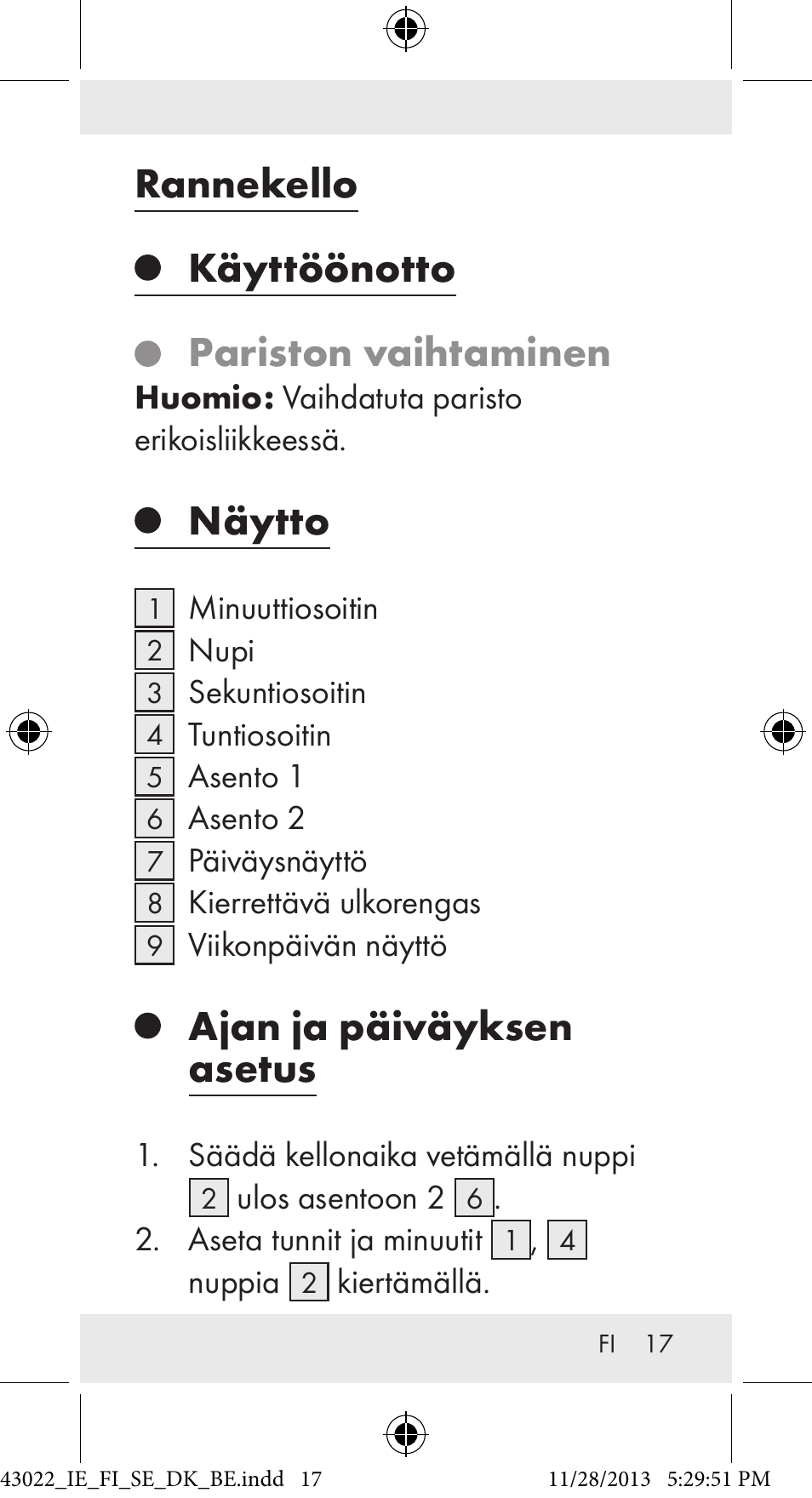 Rannekello, Käyttöönotto pariston vaihtaminen, Näytto | Ajan ja päiväyksen asetus | Auriol Z31970 User Manual | Page 17 / 65