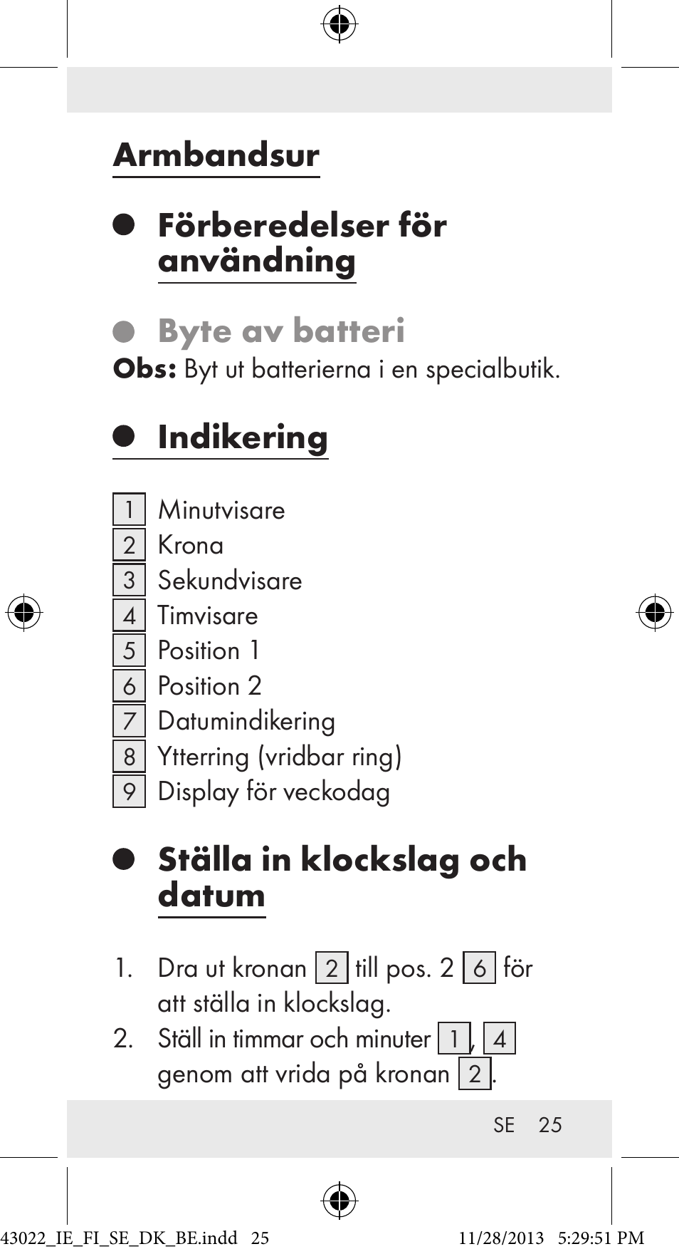 Armbandsur, Förberedelser för användning, Byte av batteri | Indikering, Ställa in klockslag och datum | Auriol Z31970 User Manual | Page 25 / 65