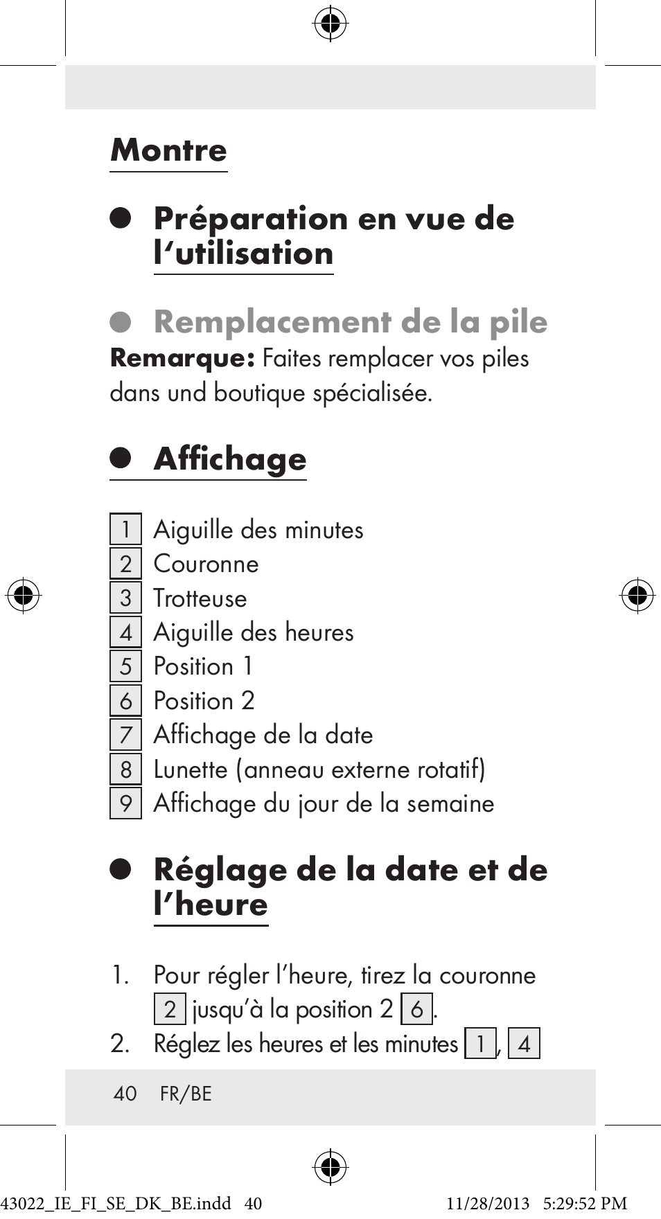 Montre, Préparation en vue de l‘utilisation, Remplacement de la pile | Affichage, Réglage de la date et de l’heure | Auriol Z31970 User Manual | Page 40 / 65
