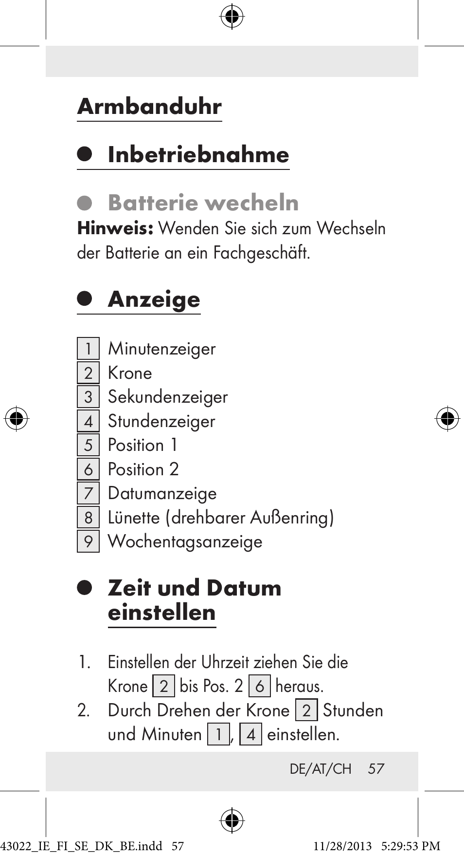 Armbanduhr, Inbetriebnahme, Batterie wecheln | Anzeige, Zeit und datum einstellen | Auriol Z31970 User Manual | Page 57 / 65