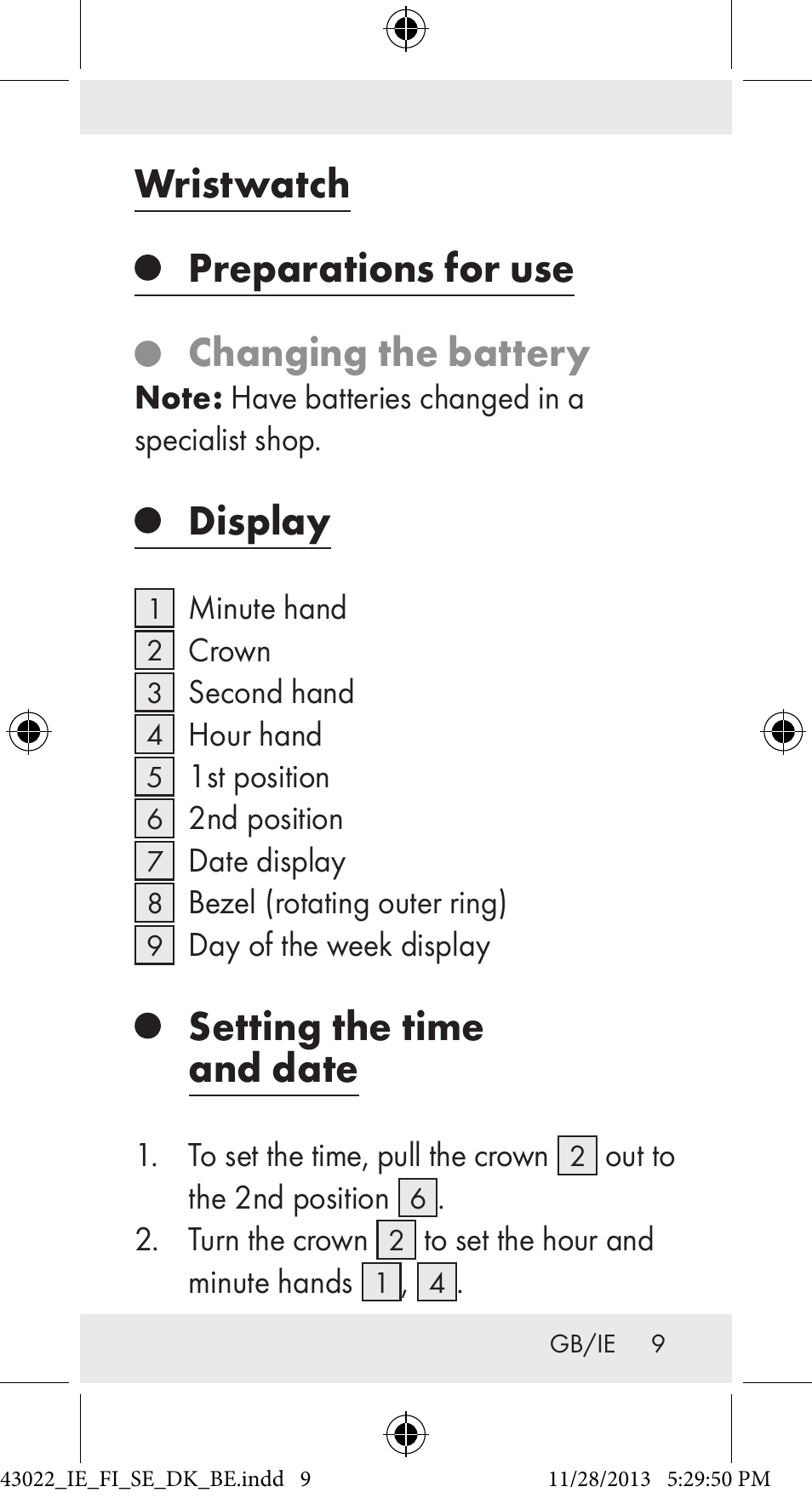 Wristwatch, Preparations for use, Changing the battery | Display, Setting the time and date | Auriol Z31970 User Manual | Page 9 / 65