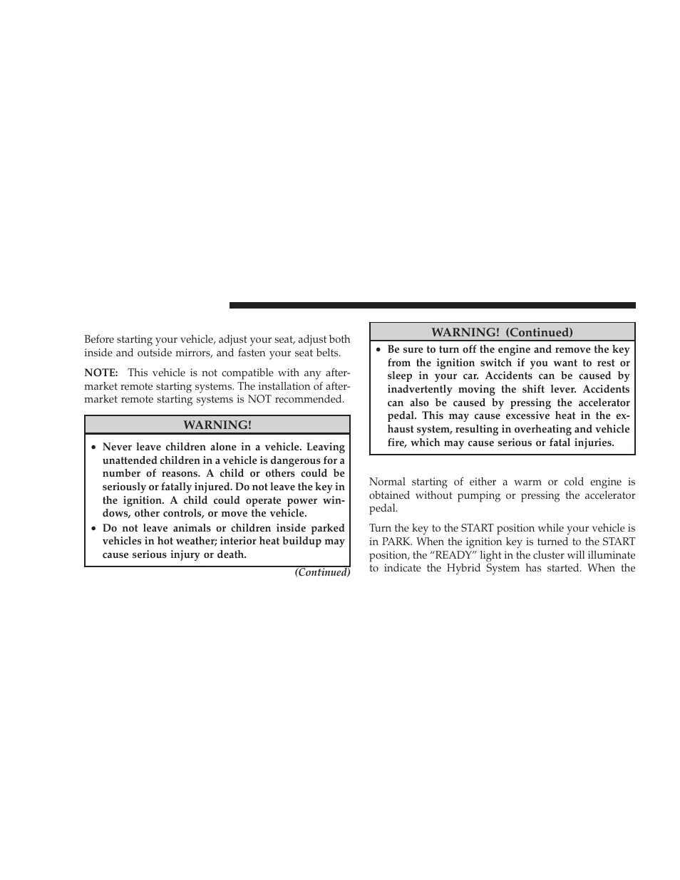 Starting procedures, Starting | Chrysler 2009 Aspen Hybrid User Manual | Page 58 / 138