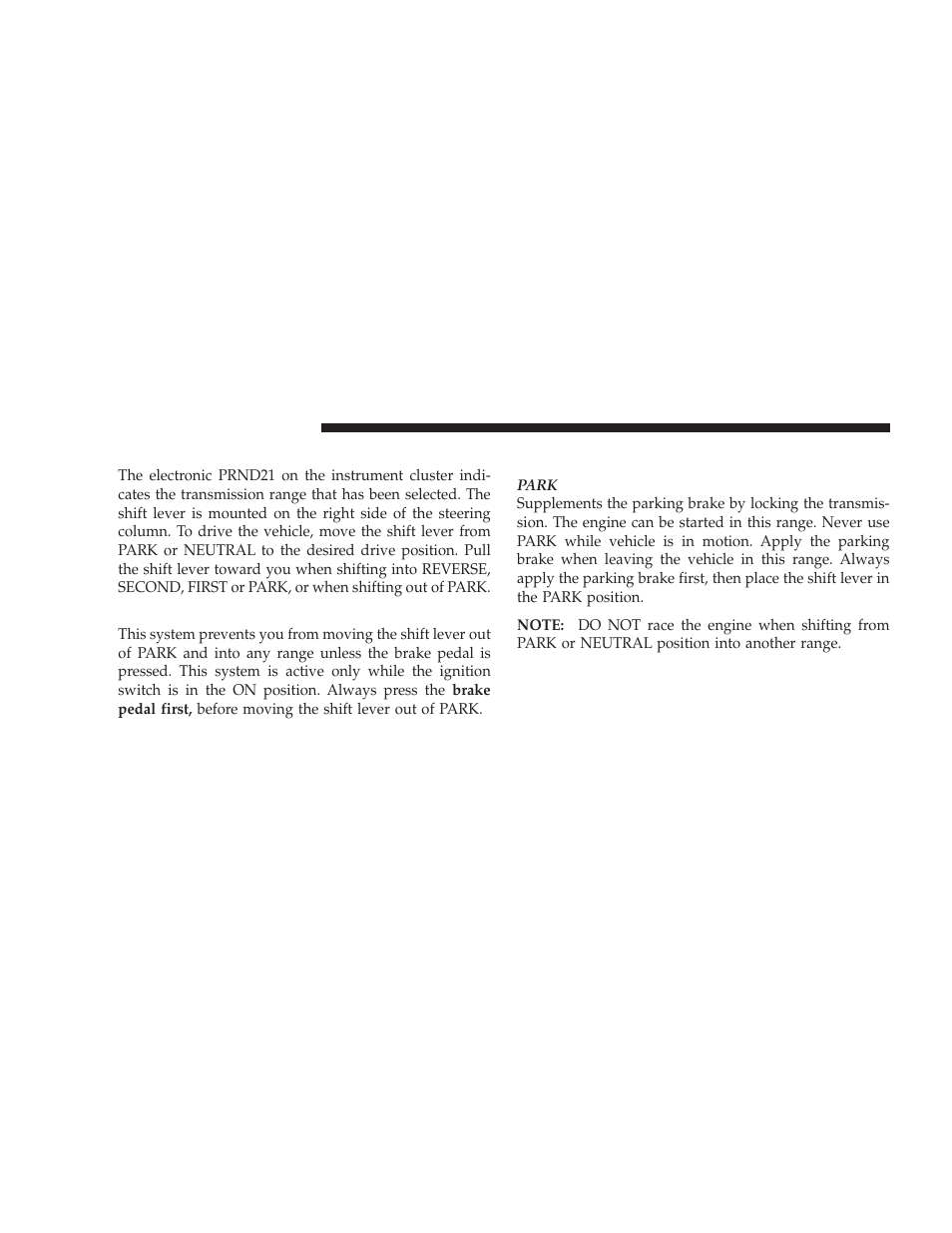 Brake/transmission interlock system, Mode hybrid transmission ranges, Mode hybrid transmission | Chrysler 2009 Aspen Hybrid User Manual | Page 60 / 138
