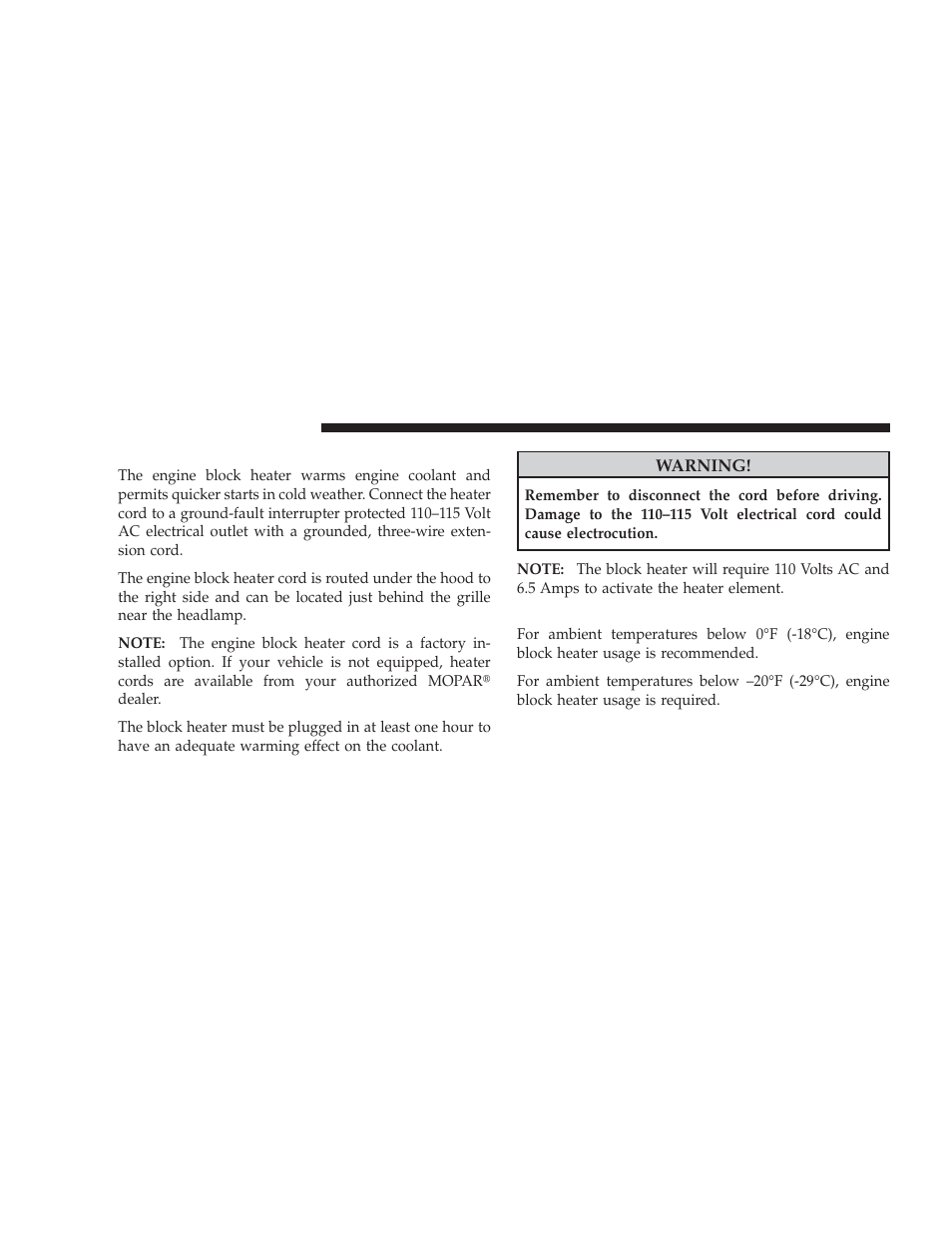 Engine block heater, Block heater usage | Dodge 2009 Dodge Ram Pickup 2500 User Manual | Page 54 / 159