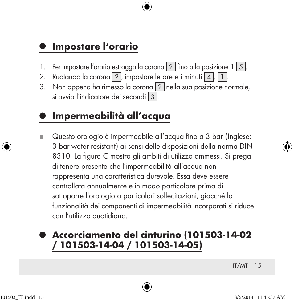 Impostare l‘orario, Impermeabilità all’acqua | Auriol 101503-14-xx User Manual | Page 15 / 45