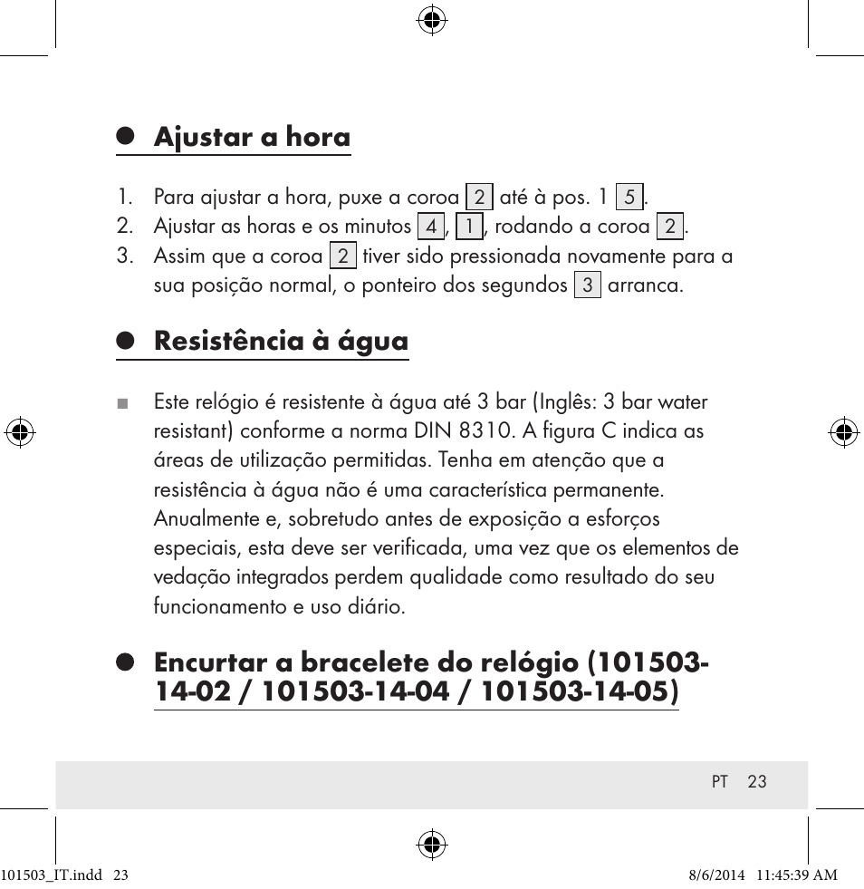 Ajustar a hora, Resistência à água | Auriol 101503-14-xx User Manual | Page 23 / 45