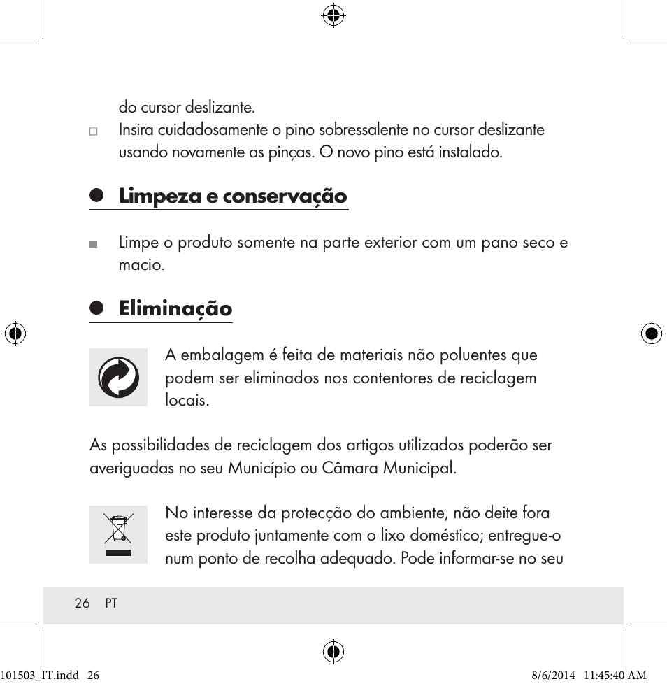 Limpeza e conservação, Eliminação | Auriol 101503-14-xx User Manual | Page 26 / 45