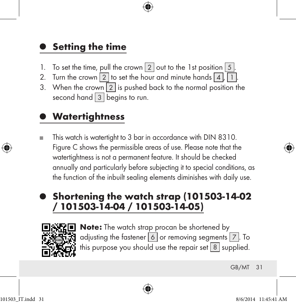 Setting the time, Watertightness | Auriol 101503-14-xx User Manual | Page 31 / 45