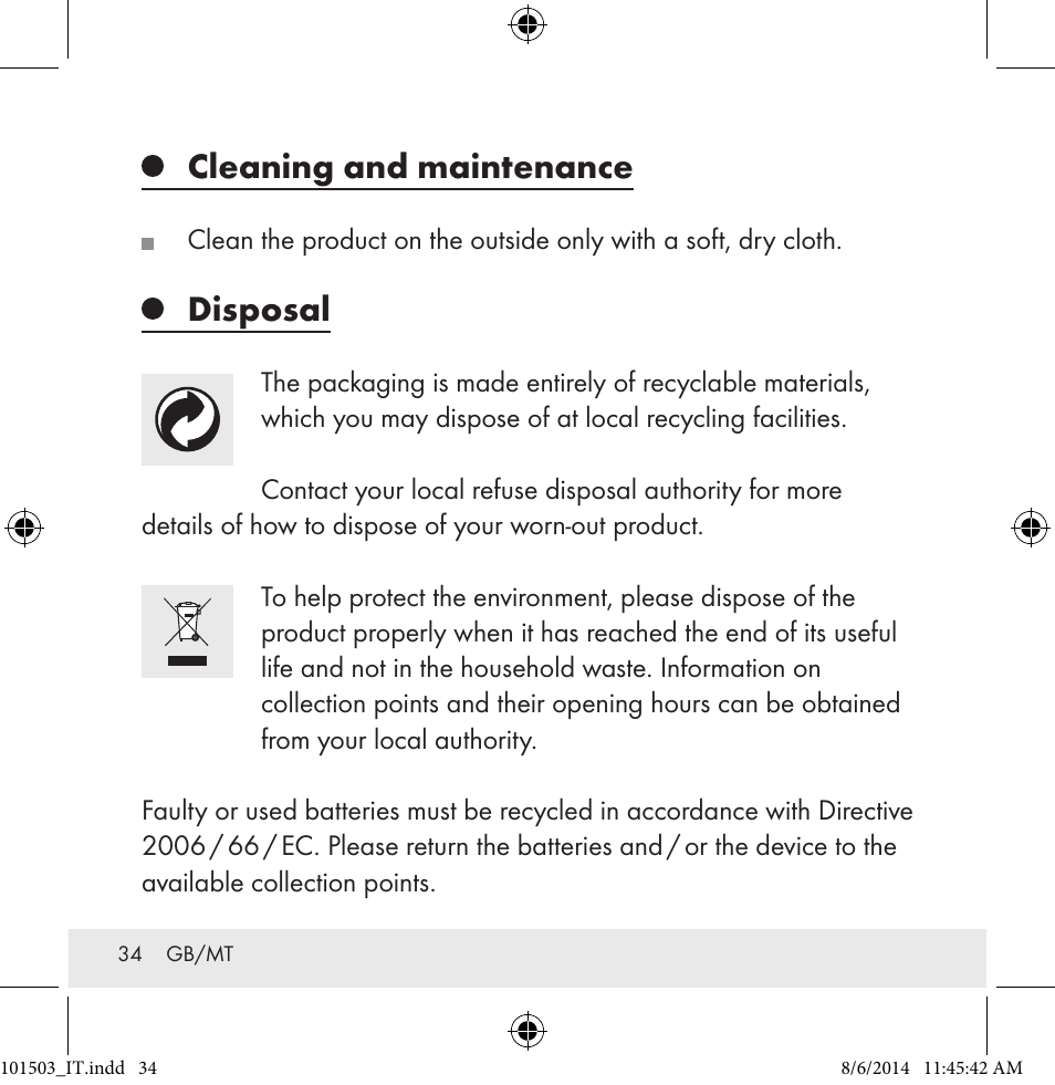 Cleaning and maintenance, Disposal | Auriol 101503-14-xx User Manual | Page 34 / 45