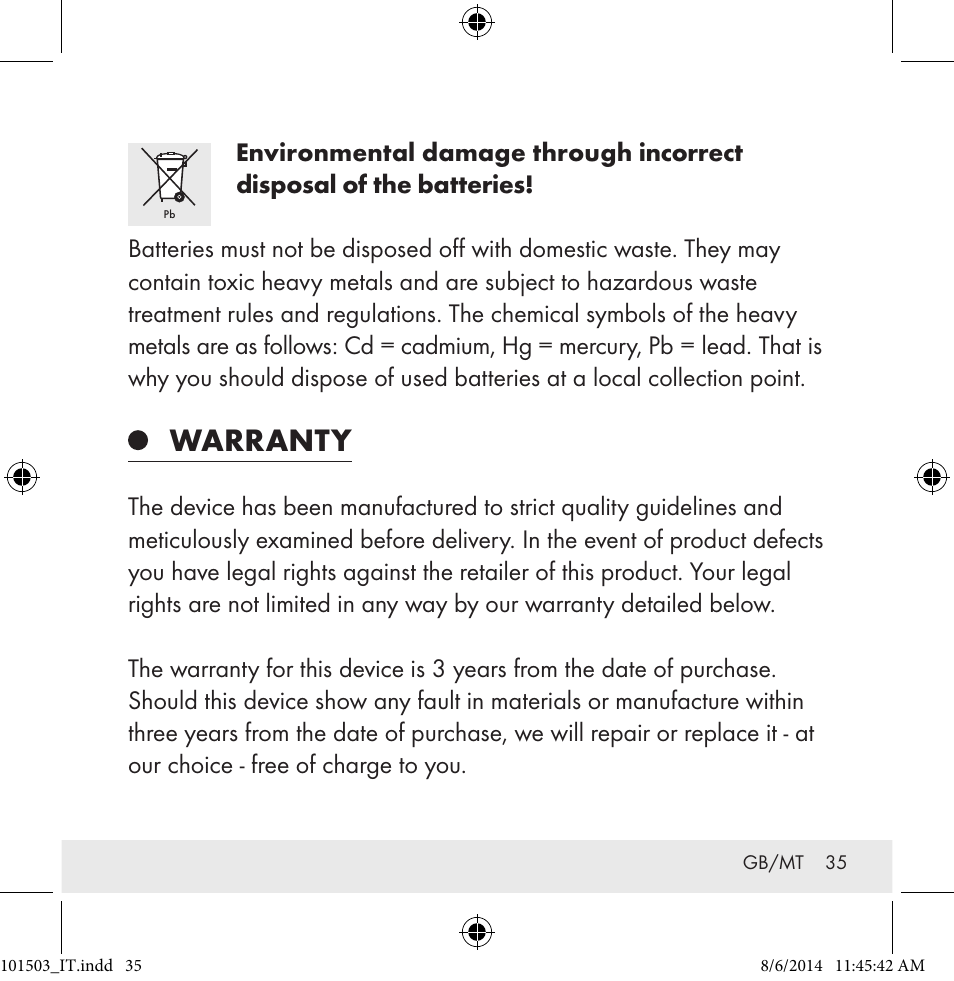 Warranty | Auriol 101503-14-xx User Manual | Page 35 / 45