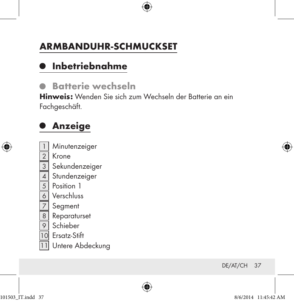 Armbanduhr-schmuckset, Inbetriebnahme, Batterie wechseln | Anzeige | Auriol 101503-14-xx User Manual | Page 37 / 45