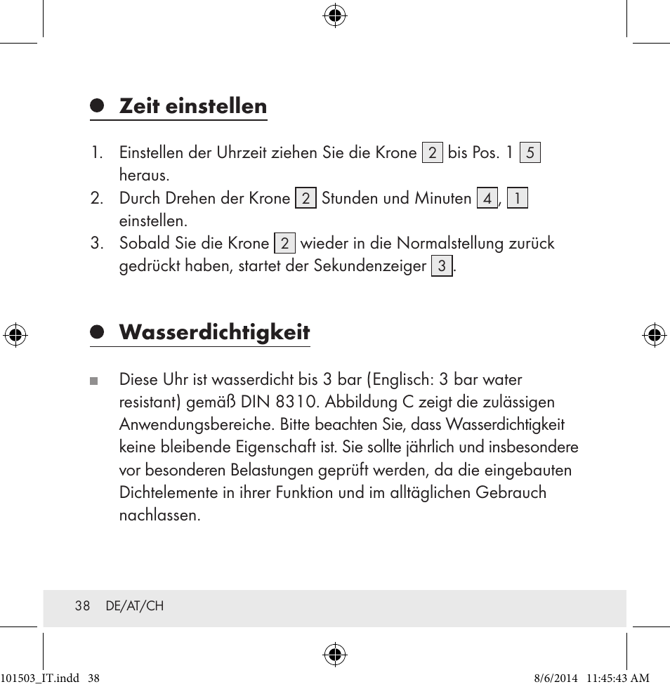 Zeit einstellen, Wasserdichtigkeit | Auriol 101503-14-xx User Manual | Page 38 / 45