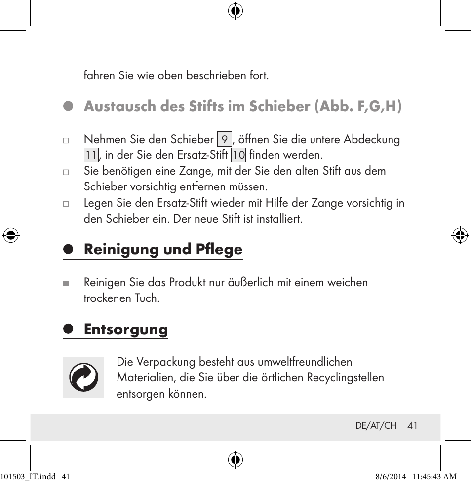 Austausch des stifts im schieber (abb. f,g,h), Reinigung und pflege, Entsorgung | Auriol 101503-14-xx User Manual | Page 41 / 45