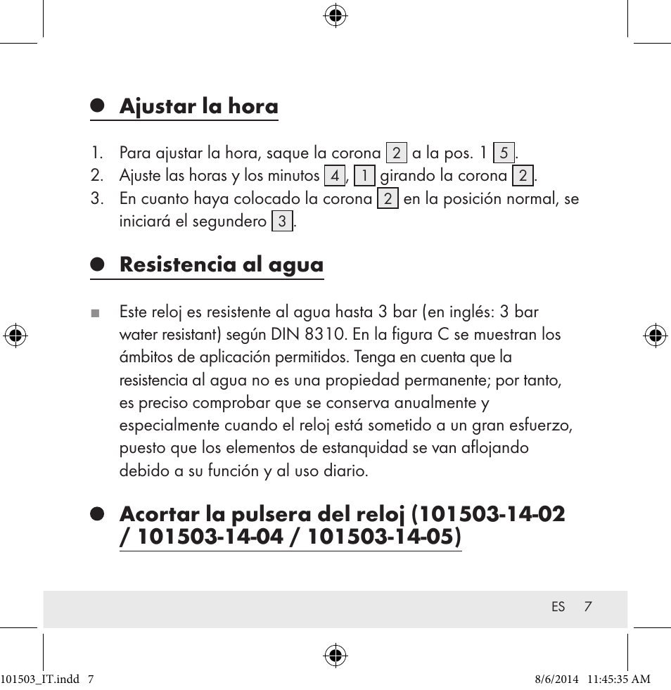 Ajustar la hora, Resistencia al agua | Auriol 101503-14-xx User Manual | Page 7 / 45