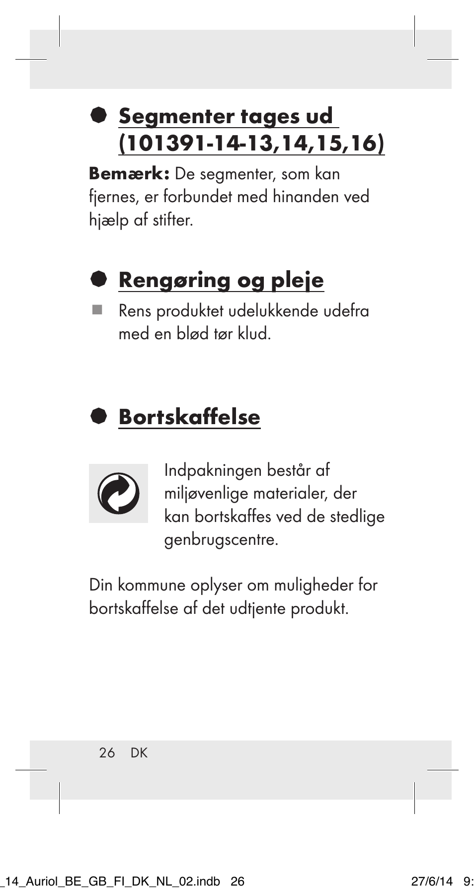 Rengøring og pleje, Bortskaffelse | Auriol 101391-14-xx User Manual | Page 26 / 47