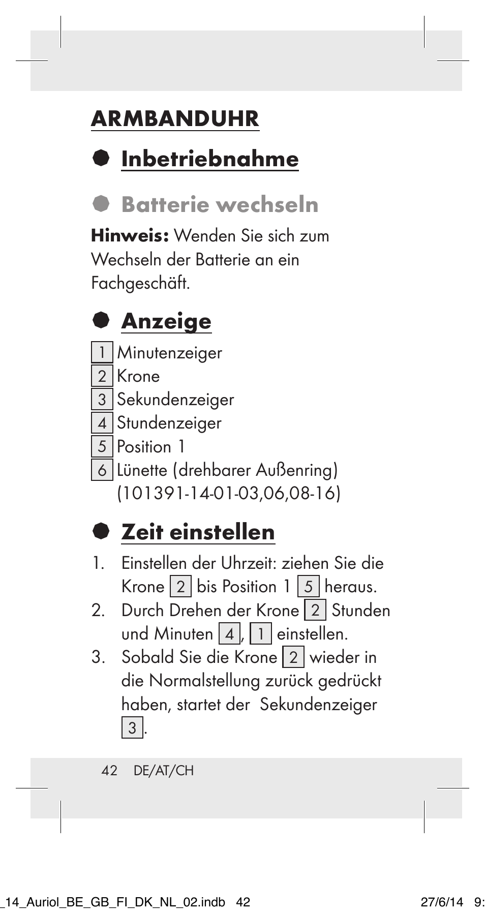 Armbanduhr § inbetriebnahme § batterie wechseln, Anzeige, Zeit einstellen | Auriol 101391-14-xx User Manual | Page 42 / 47