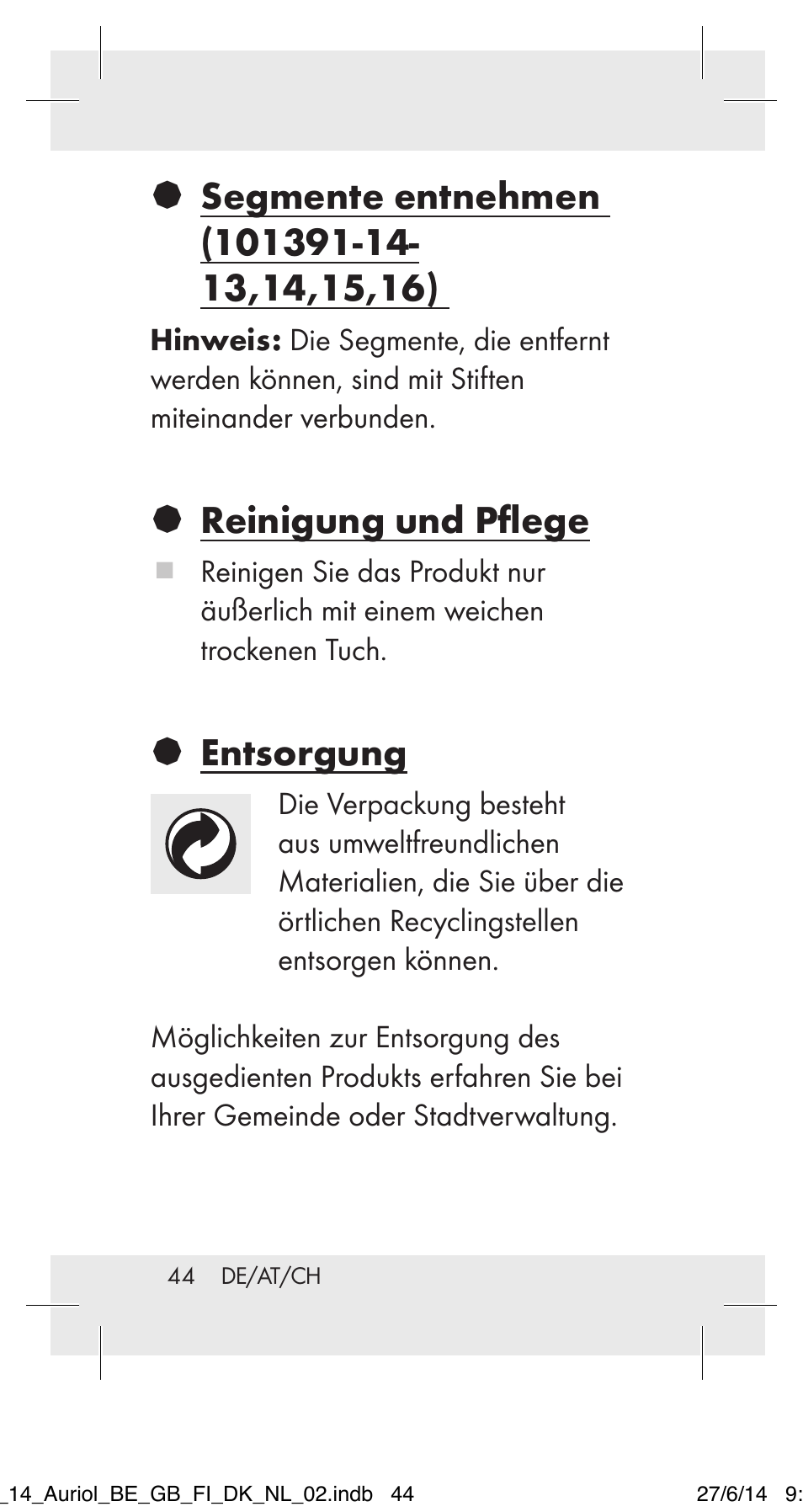 Reinigung und pflege, Entsorgung | Auriol 101391-14-xx User Manual | Page 44 / 47