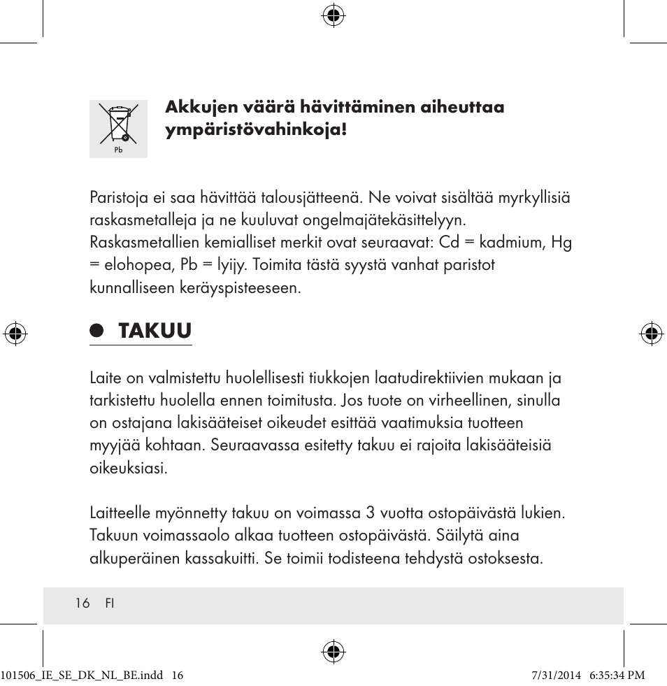 Takuu | Auriol 101506-14-xx User Manual | Page 16 / 51