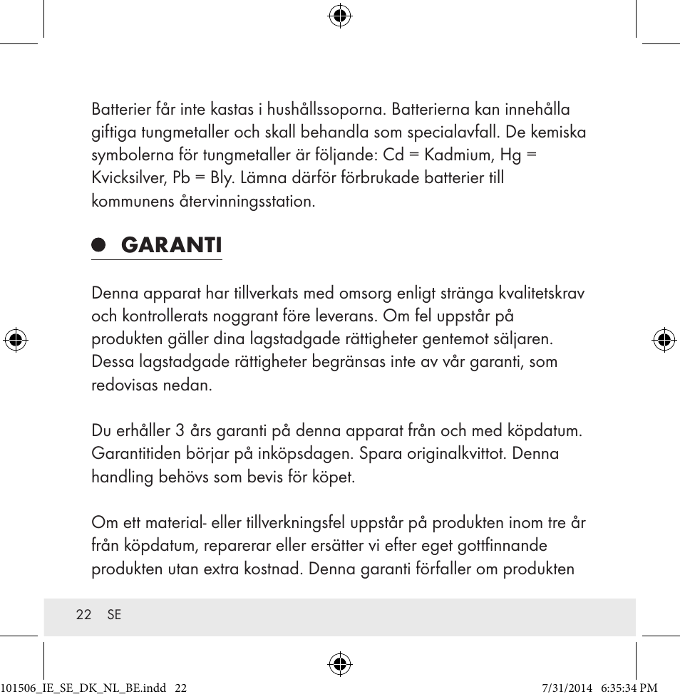 Garanti | Auriol 101506-14-xx User Manual | Page 22 / 51