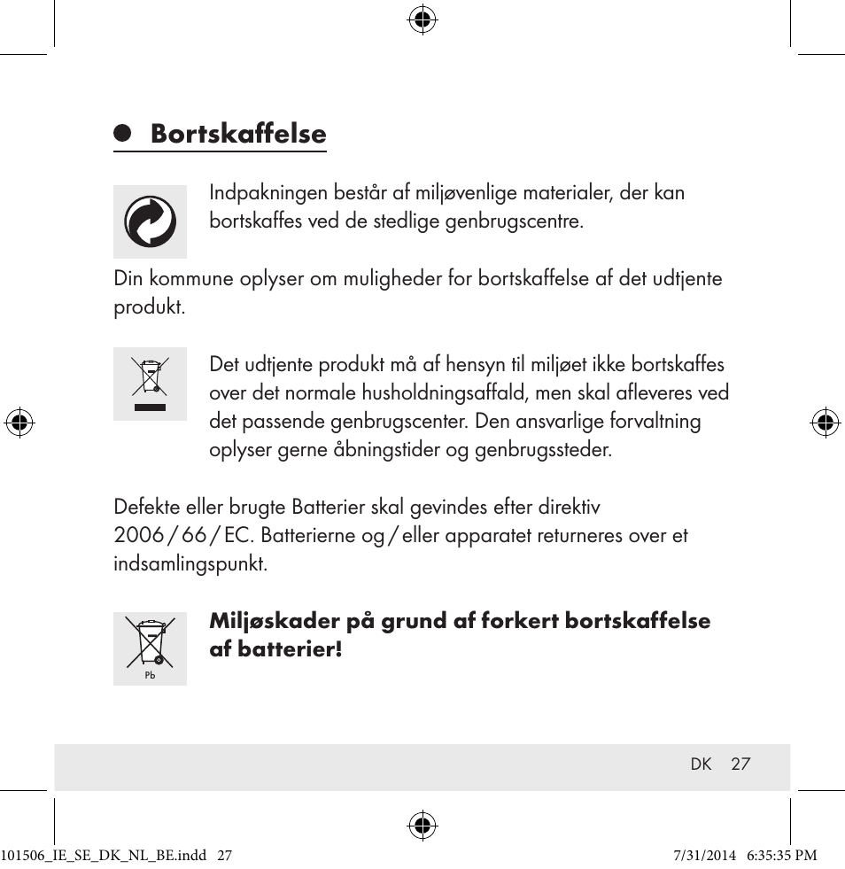 Bortskaffelse | Auriol 101506-14-xx User Manual | Page 27 / 51