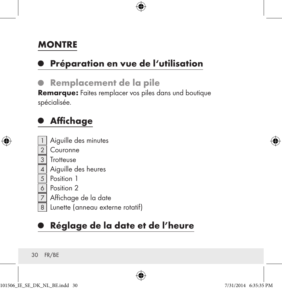 Montre, Préparation en vue de l‘utilisation, Remplacement de la pile | Affichage, Réglage de la date et de l’heure | Auriol 101506-14-xx User Manual | Page 30 / 51