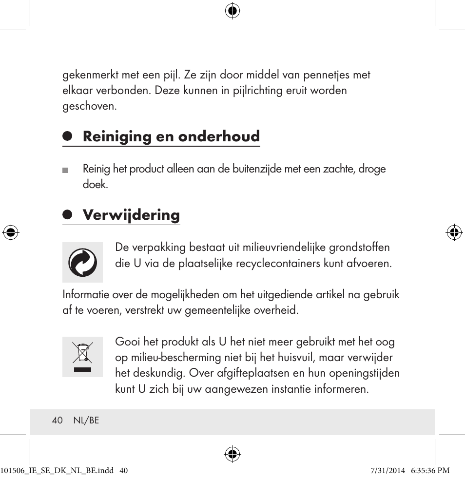 Reiniging en onderhoud, Verwijdering | Auriol 101506-14-xx User Manual | Page 40 / 51