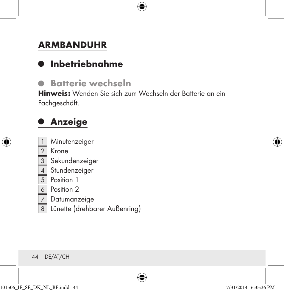 Armbanduhr, Inbetriebnahme, Batterie wechseln | Anzeige | Auriol 101506-14-xx User Manual | Page 44 / 51