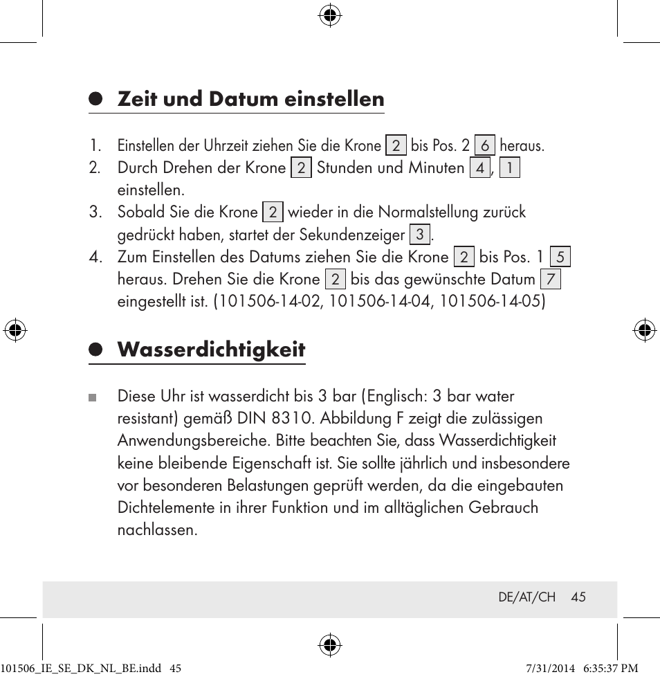 Zeit und datum einstellen, Wasserdichtigkeit | Auriol 101506-14-xx User Manual | Page 45 / 51