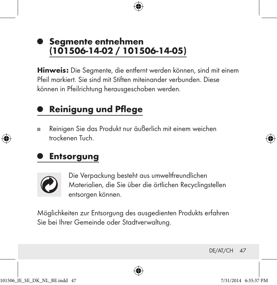 Reinigung und pflege, Entsorgung | Auriol 101506-14-xx User Manual | Page 47 / 51