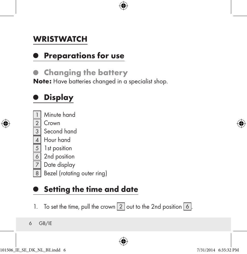 Wristwatch, Preparations for use, Changing the battery | Display, Setting the time and date | Auriol 101506-14-xx User Manual | Page 6 / 51