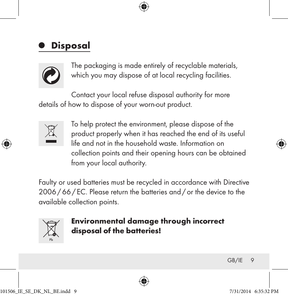 Disposal | Auriol 101506-14-xx User Manual | Page 9 / 51