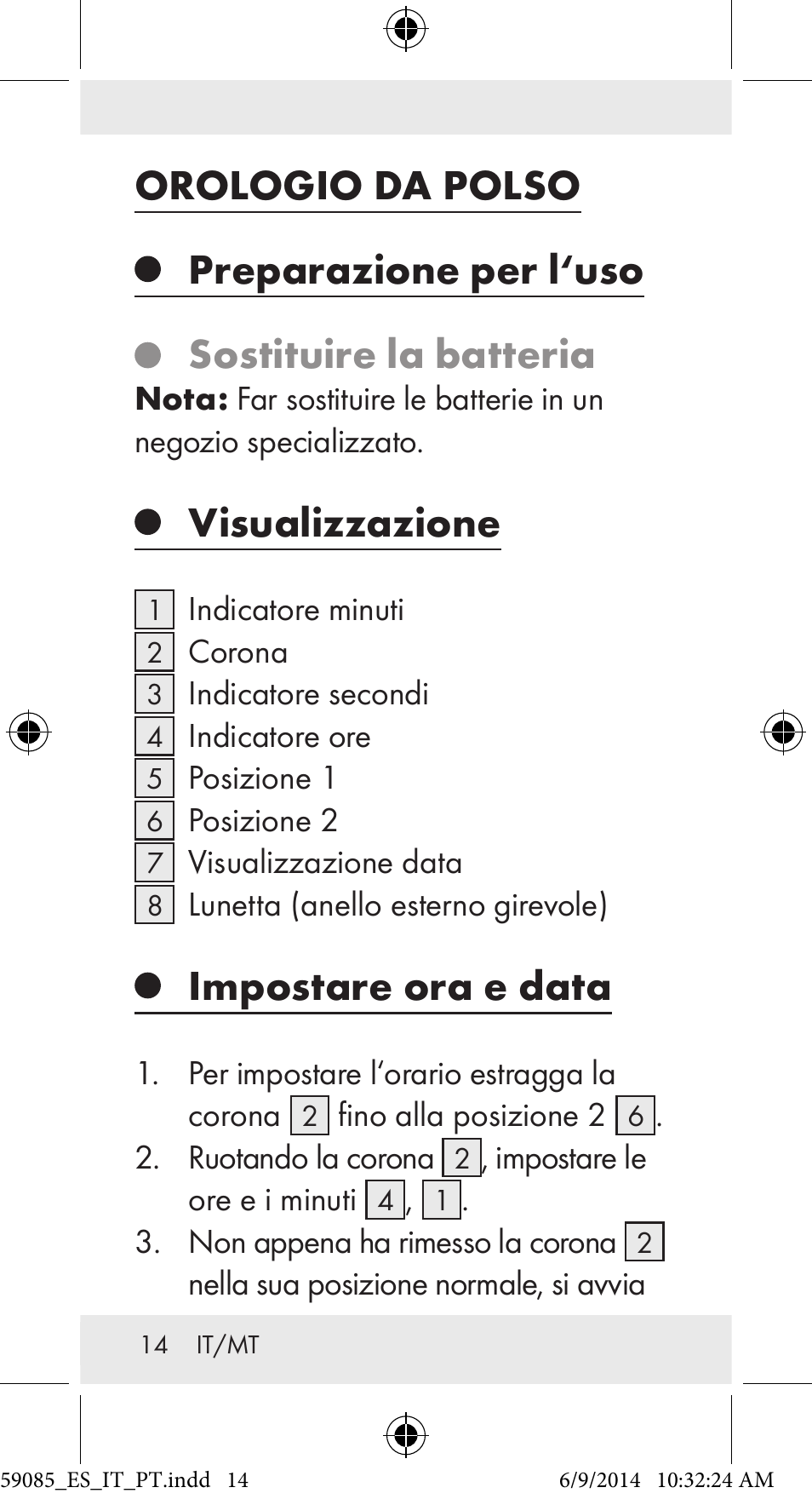 Orologio da polso, Preparazione per l‘uso, Sostituire la batteria | Visualizzazione, Impostare ora e data | Auriol Z32194 User Manual | Page 14 / 42