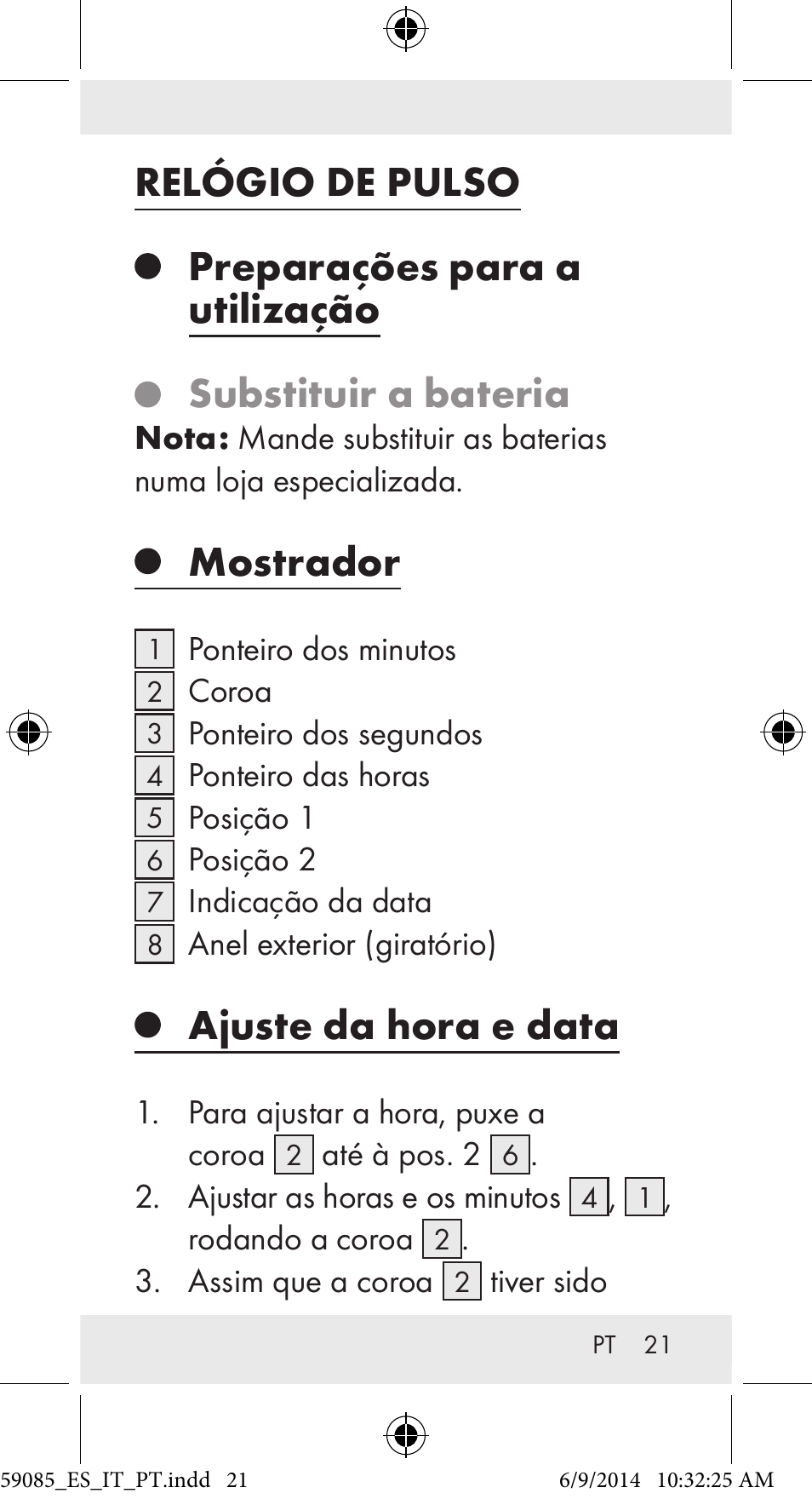 Relógio de pulso, Preparações para a utilização, Substituir a bateria | Mostrador, Ajuste da hora e data | Auriol Z32194 User Manual | Page 21 / 42